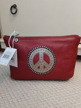 The Sak Red Leather Peace Sign Wristlet Clutch with Silver Stud Accent